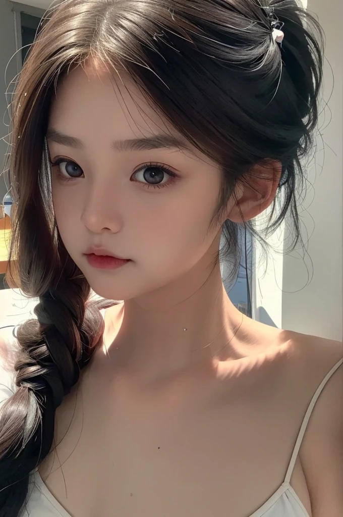 One Girl,(1人のとてもcute女の子:1.3),masterpiece,Highest quality,High resolution,From below,Low - Angle,Photorealistic,RAW Photos,Ray Tracing,beautiful girl,(:1.3),cute,Big eyes,(detailed pupils:1.2),(The face is facing straight ahead:1.3),Body facing forward,Beautiful nose,High nose,Upturned nose,Fuller lips,Short black hair,ponytail,short hair,Detailed eyelashes,Thin eyebrows,Very fine grain definition,(Symmetrical eyes:1.3),(Face close-up,Face Focus:1.0),Small breasts,Short neck,White swimsuit,White Bikini,The background is the sea,Southern Island,sunset,Sunset,Portrait,View Viewer,Upper Body,Cinema Lighting,High resolution,Very detailed