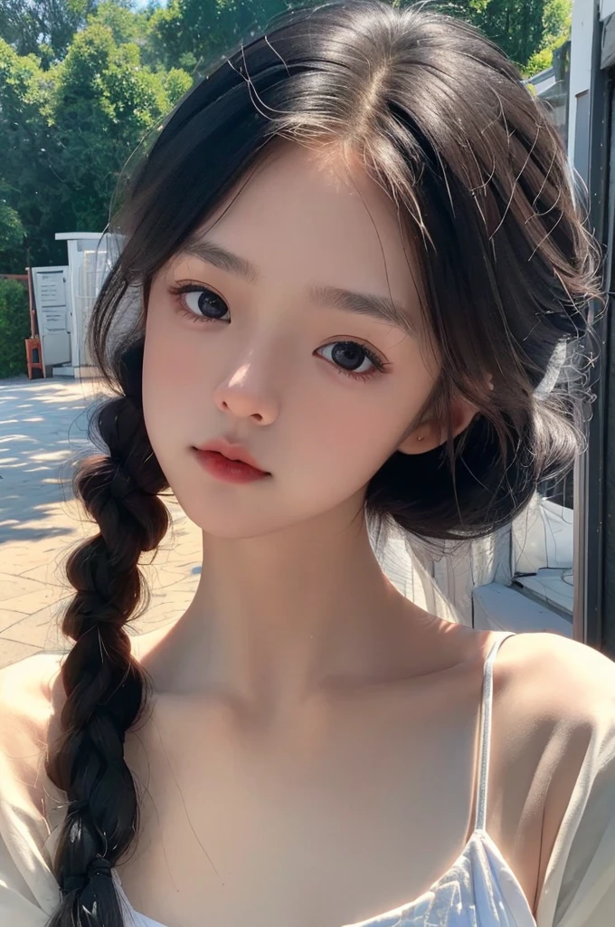 One Girl,(1人のとてもcute女の子:1.3),masterpiece,Highest quality,High resolution,From below,Low - Angle,Photorealistic,RAW Photos,Ray Tracing,beautiful girl,(15 years old:1.3),cute,Big eyes,(detailed pupils:1.2),(The face is facing straight ahead:1.3),Body facing forward,Beautiful nose,High nose,Upturned nose,Fuller lips,Short black hair,ponytail,short hair,Detailed eyelashes,Thin eyebrows,Very fine grain definition,(Symmetrical eyes:1.3),(Face close-up,Face Focus:1.0),Small breasts,Short neck,White swimsuit,White Bikini,The background is the sea,Southern Island,sunset,Sunset,Portrait,View Viewer,Upper Body,Cinema Lighting,High resolution,Very detailed
