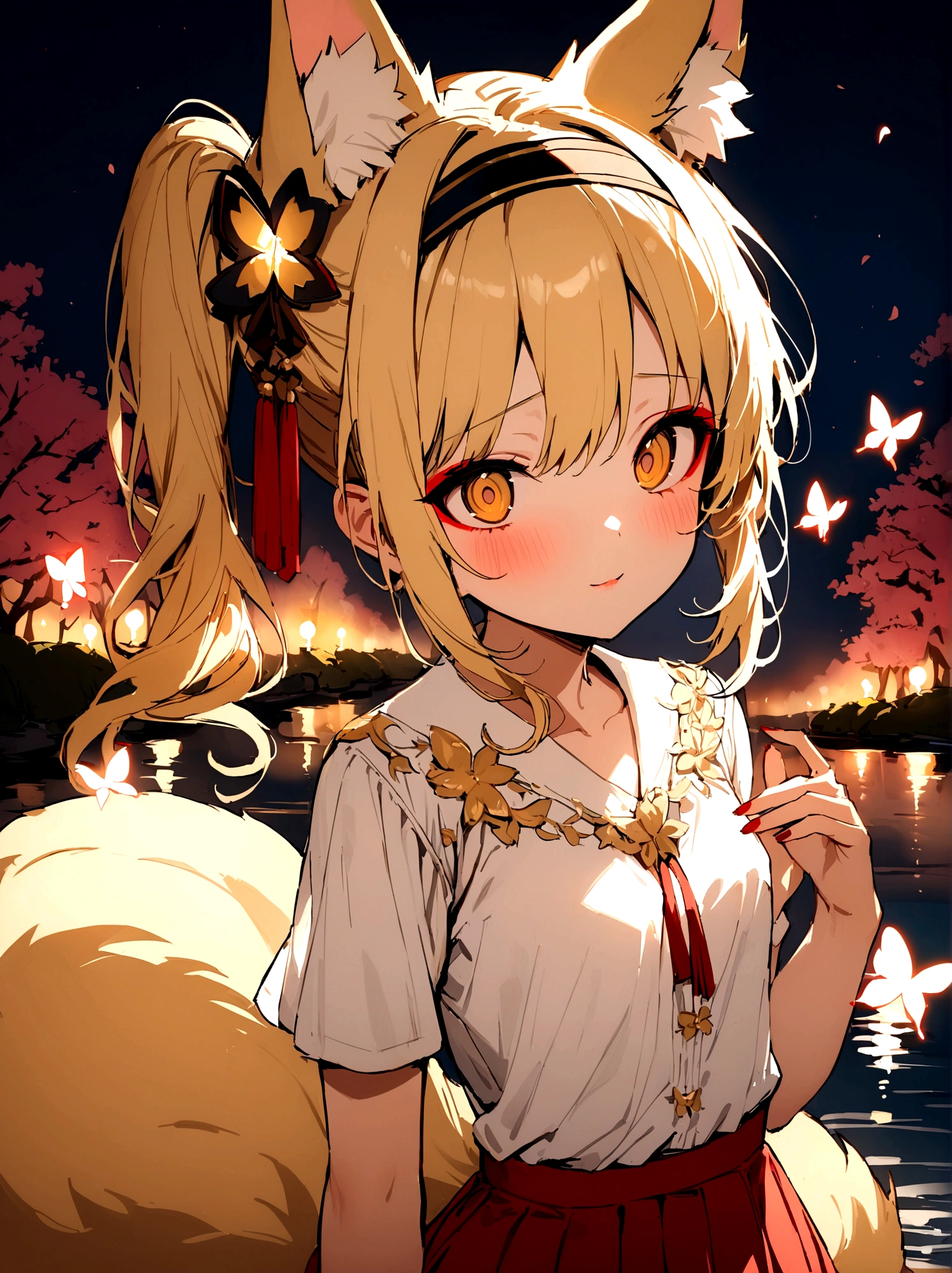 (masterpiece, best quality) junior,detailed, (beautiful,small breasts), blonde,long hair, side ponytail(tied to the left),Hair band decoration with gold butterfly, elegant, (fox ears),nine tailed fox tail, red eyeshadow, golden eyes, femur，white shirt,free,red skirt,cherry blossom tree lake background,girl,NIGHT,yandere face