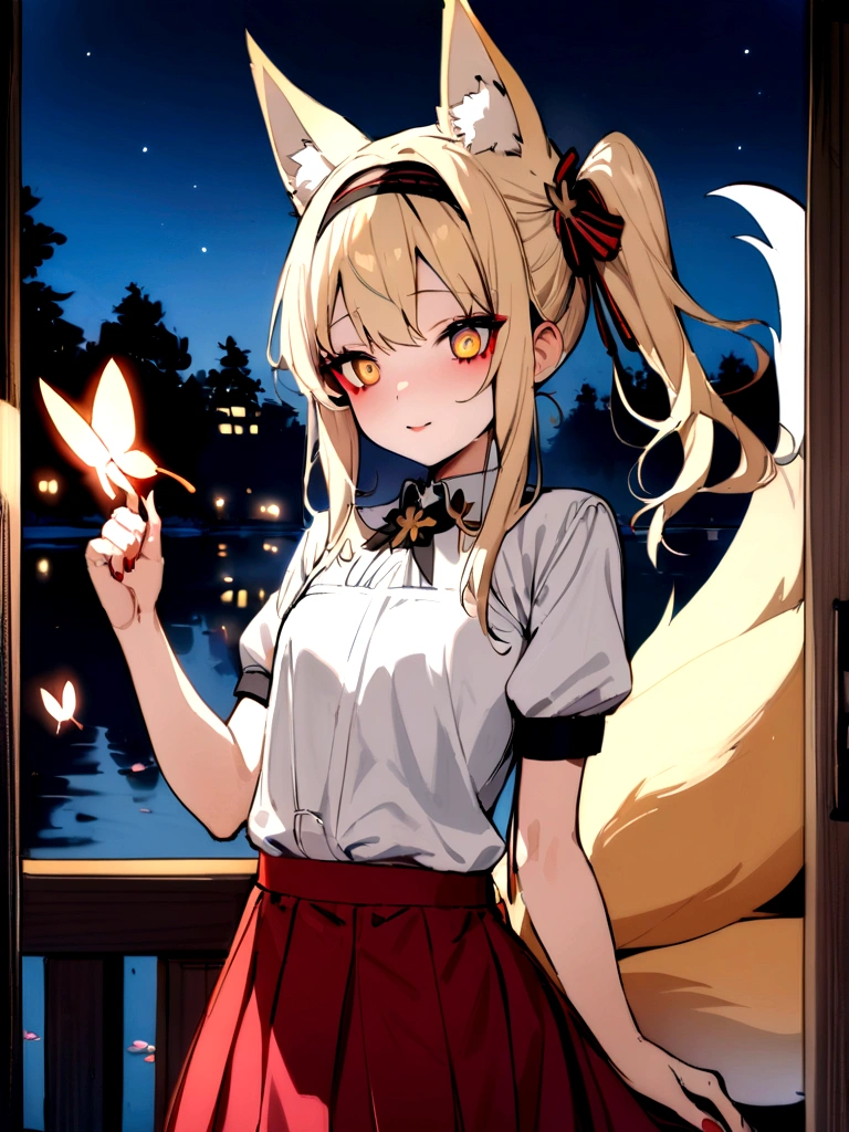 (masterpiece, best quality) junior,detailed, (beautiful,small breasts), blonde,long hair, side ponytail(tied to the left),Hair band decoration with gold butterfly, elegant, (fox ears),nine tailed fox tail, red eyeshadow, golden eyes, femur,white shirt,free,red skirt,cherry blossom tree lake background,girl,NIGHT,yandere face