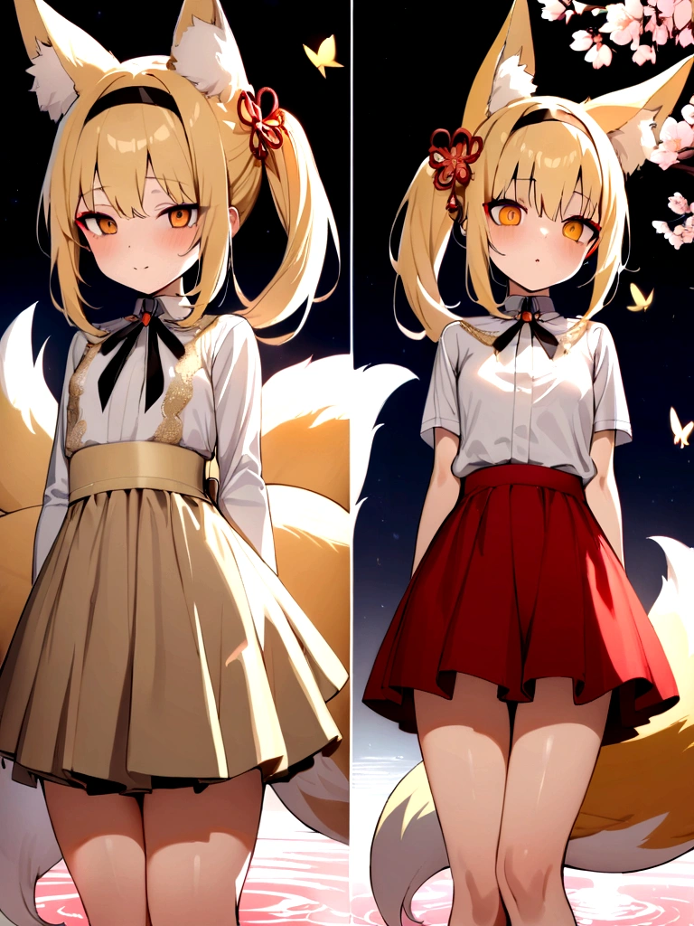 (masterpiece, best quality) junior,detailed, (beautiful,small breasts), blonde,long hair, side ponytail(tied to the left),Hair band decoration with gold butterfly, elegant, (fox ears),nine tailed fox tail, red eyeshadow, golden eyes, femur，white shirt,free,red skirt,cherry blossom tree lake background,girl,NIGHT,yandere face