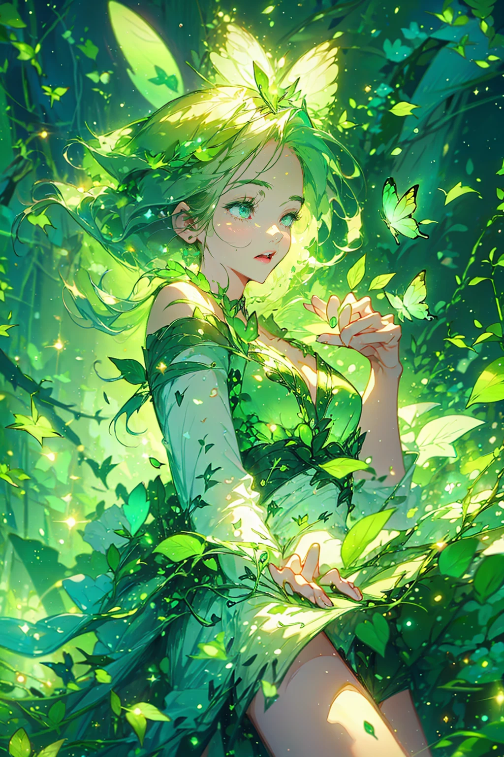 1girl,solo,cute,wizard,dress,bigbreast,cleavage,around leaf aura,perfect hands,perfect finger,explosionmagic, butterfly style,naturemagic