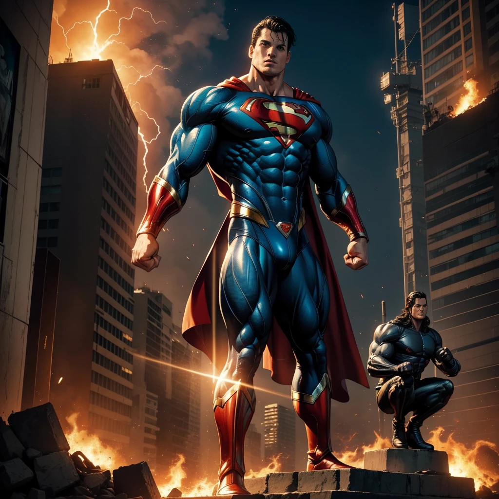 Image of muscular DC COMICS Superman, human body, human anatomy, holding a big dumbbell with his right hand, left hand closed, costume identical to that of DC COMICS, with cyborg details, showing full body, perfect face, perfect boots, laser beams coming out from your eyes, highly detailed, super definition, 8k, showing the statue of Christ the Redeemer in the city of Rio de January in flames. Cinematic image.