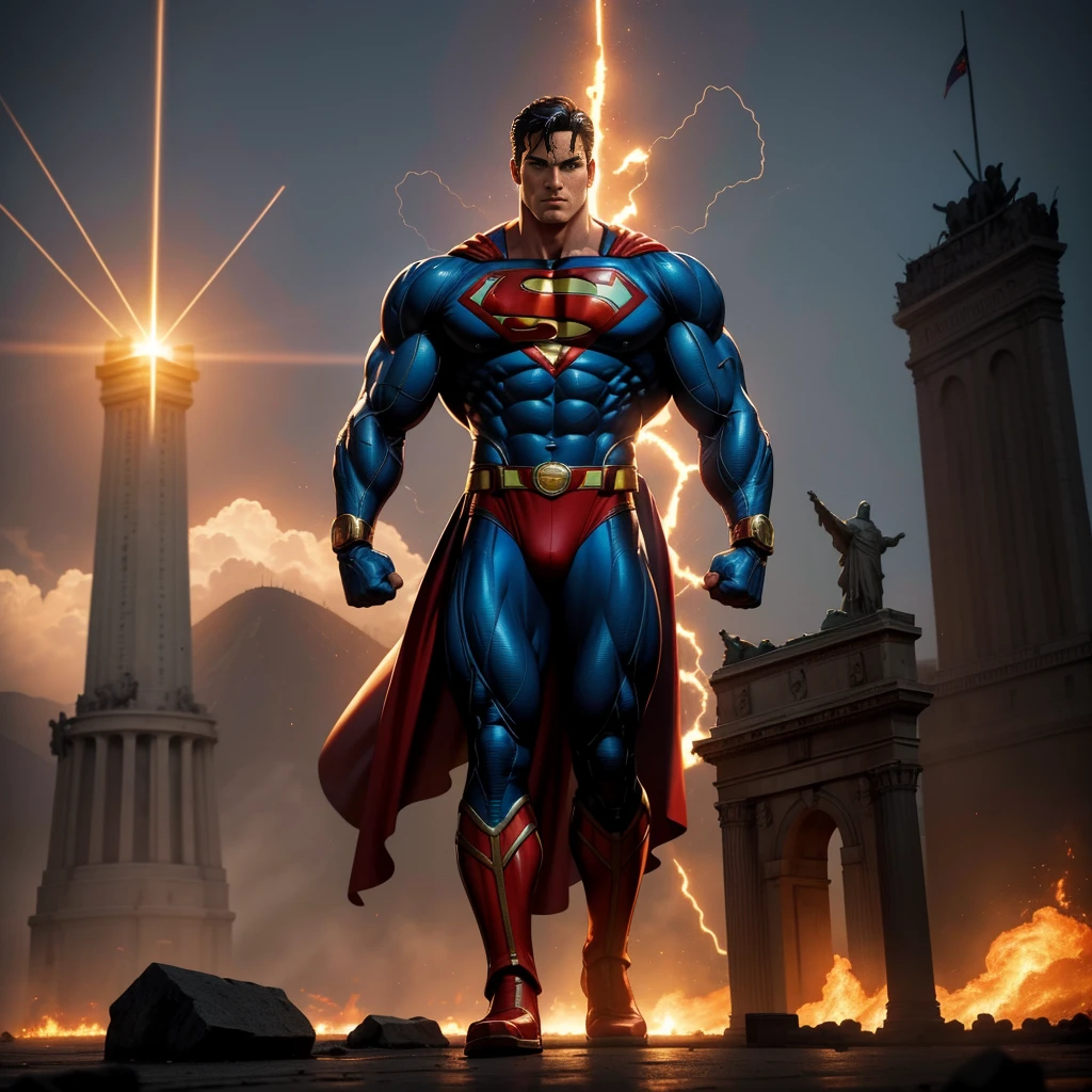 Image of muscular DC COMICS Superman, human body, human anatomy, holding a big dumbbell with his right hand, left hand closed, costume identical to that of DC COMICS, with cyborg details, showing full body, perfect face, perfect boots, laser beams coming out from your eyes, highly detailed, super definition, 8k, showing the statue of Christ the Redeemer in the city of Rio de January in flames. Cinematic image.