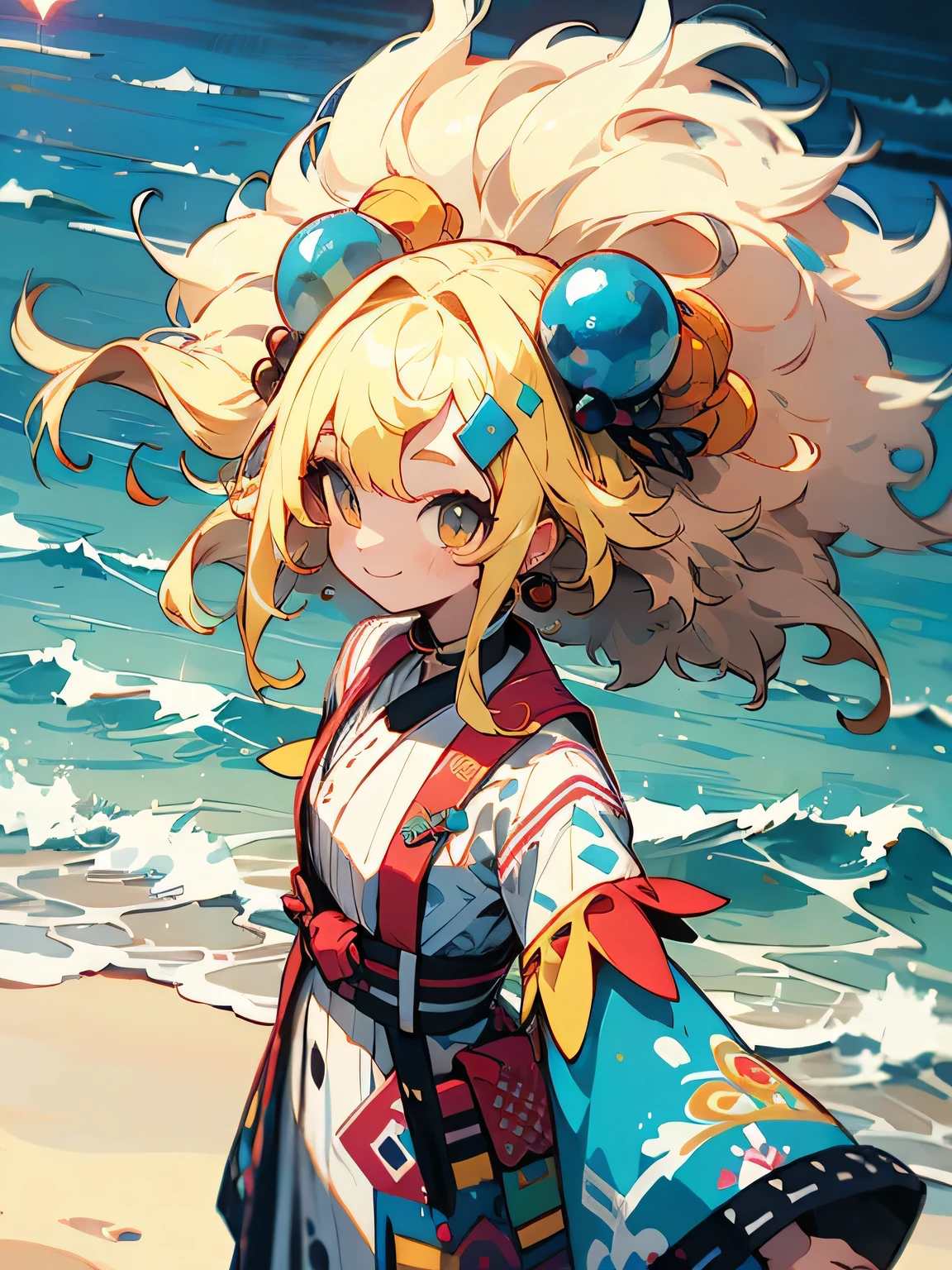 from above,sideview,solo,blonde soft afro hair, (model pose),Enchanting chest, big smile, Summer attractive Stylish colorful flare dress, resort, seaside,