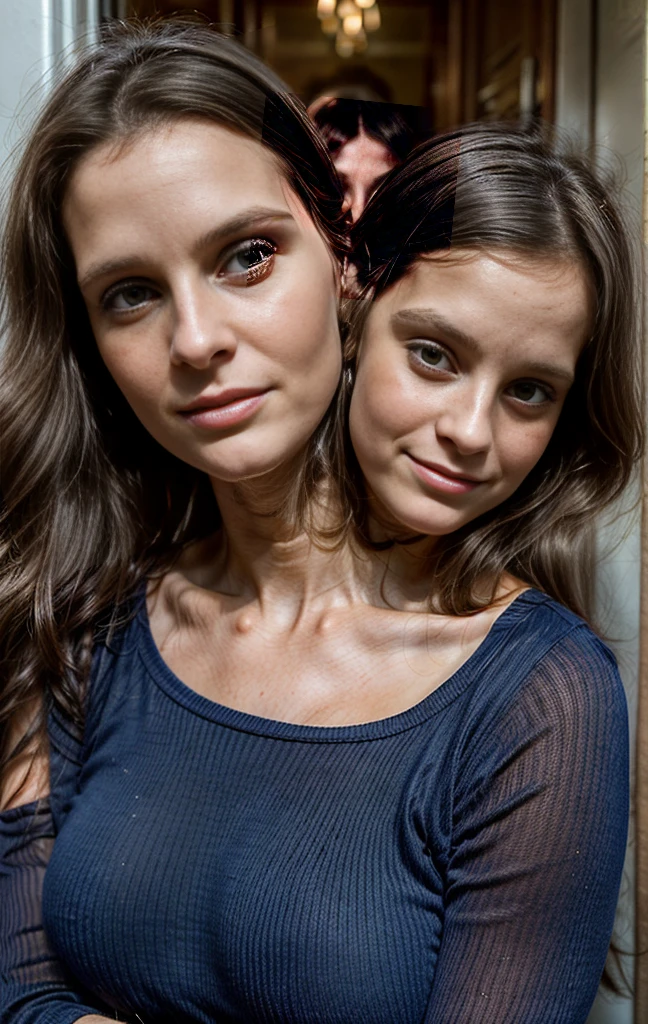 2heads, mom and daughter, (mom and daughter:1.5), (a 30 year old woman and a 7 year old girl:1.5)