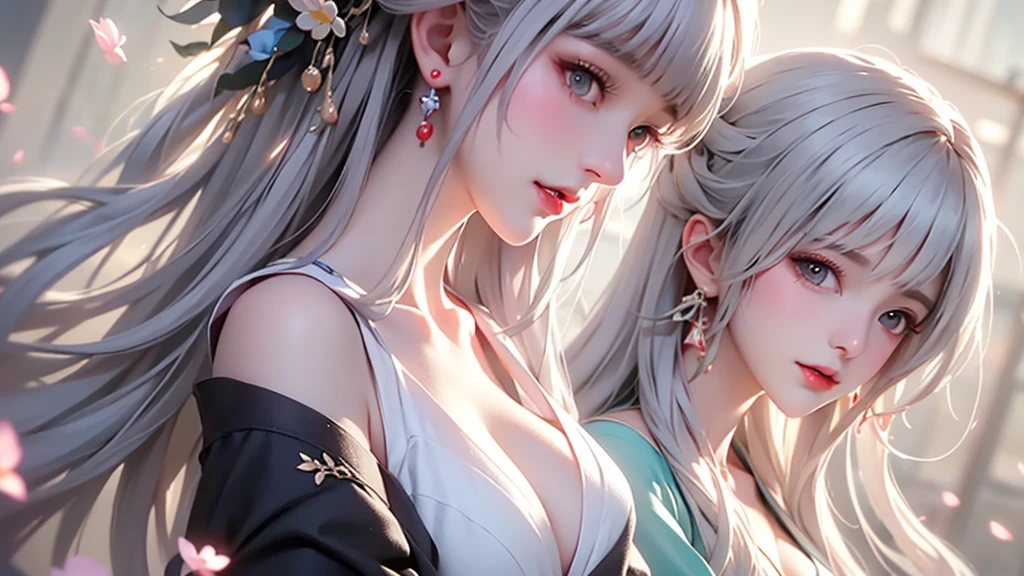 super high quality, masterpiece, Perfect illustration, Very detailed (Exquisite light and shadow, Very dramatic photo,Backlight) , ((Gray Hair:1.5))1 Girl,(( alone:1.6)), (Wearing Han clothes, Black and white Hanfu,Monotony,Long sleeve) Flower Field, Flowers, (White smoke:1.3) (Realistic:1.4), Zen Intertwining, Tangled, Official Art, unity 8k wallpaper, Very detailed, Beautiful and beautiful, masterpiece, Highest quality, (Dynamic Angle: 1.4), Glowing Skin, (Floating colorful flashes: 1) The most beautiful chaotic shapes, elegant, Brutalist Design, Bright colors, Romantic Depth of Field Exotic_dance, half_naked、Expose your shoulders、Ample breasts、Great cleavage、
