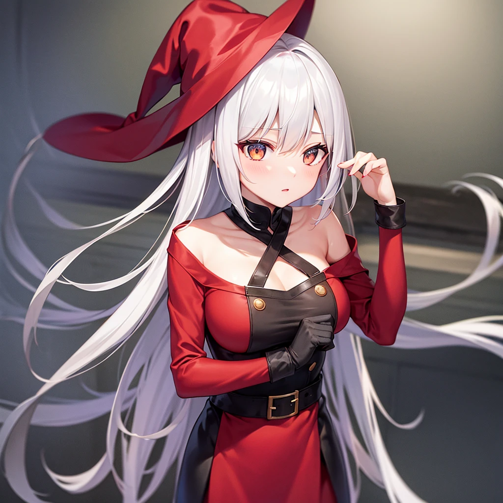 When the witch1people。Big Breasts。Silver-haired half-up。Golden Eyes。Put on a red robe。Wearing a red hat。Black top inner。Free Pose。