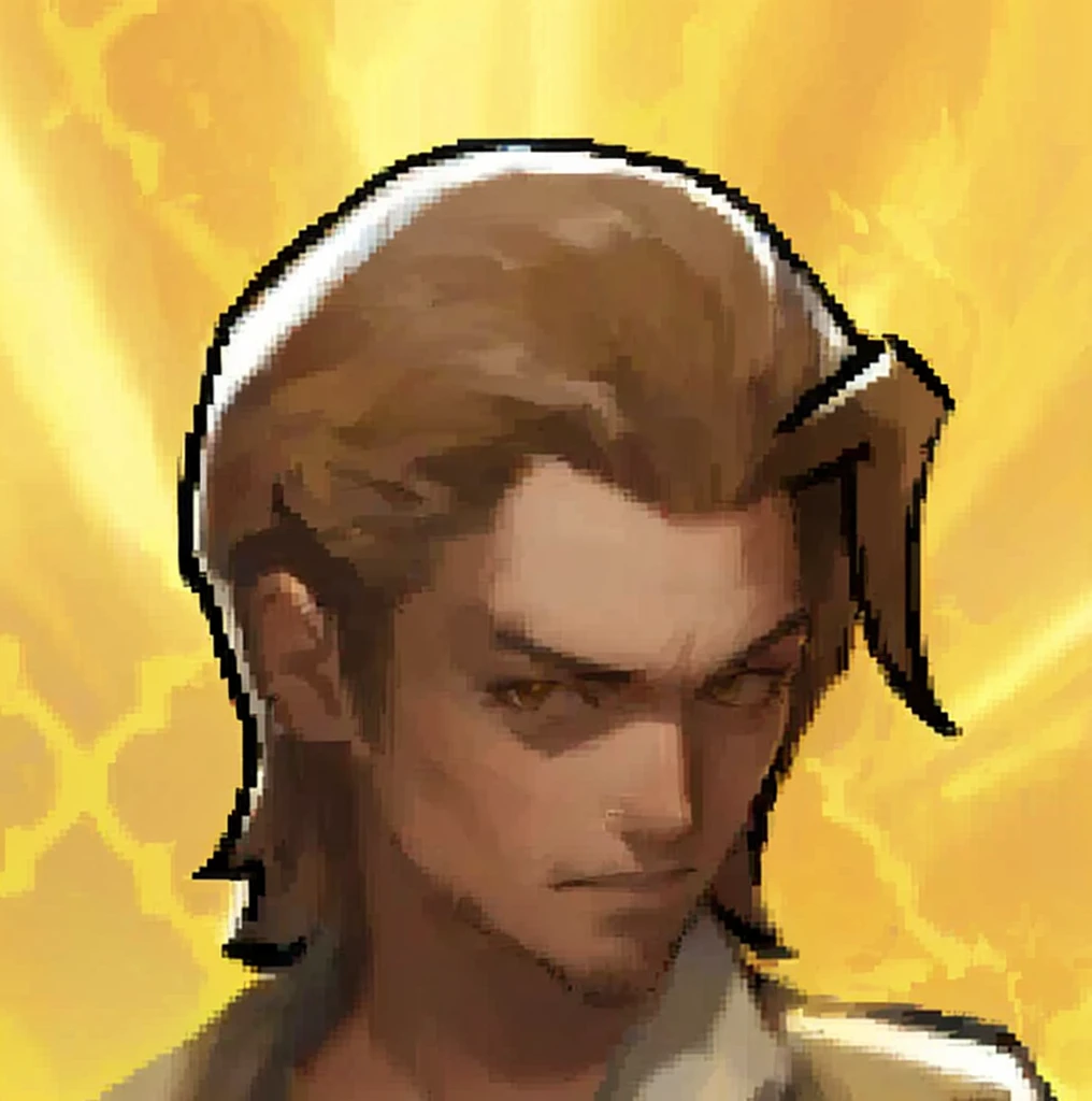 a close up of a person with a brown hair and a yellow background, symmetrical portrait rpg avatar, character icon, avatar image, roguish smirk, picture of a male cleric, rpg character avatar, xqc, crisp clear rpg portrait, sfw version, portrait of a mage, goro, godsent, halfbody portrait, full protrait