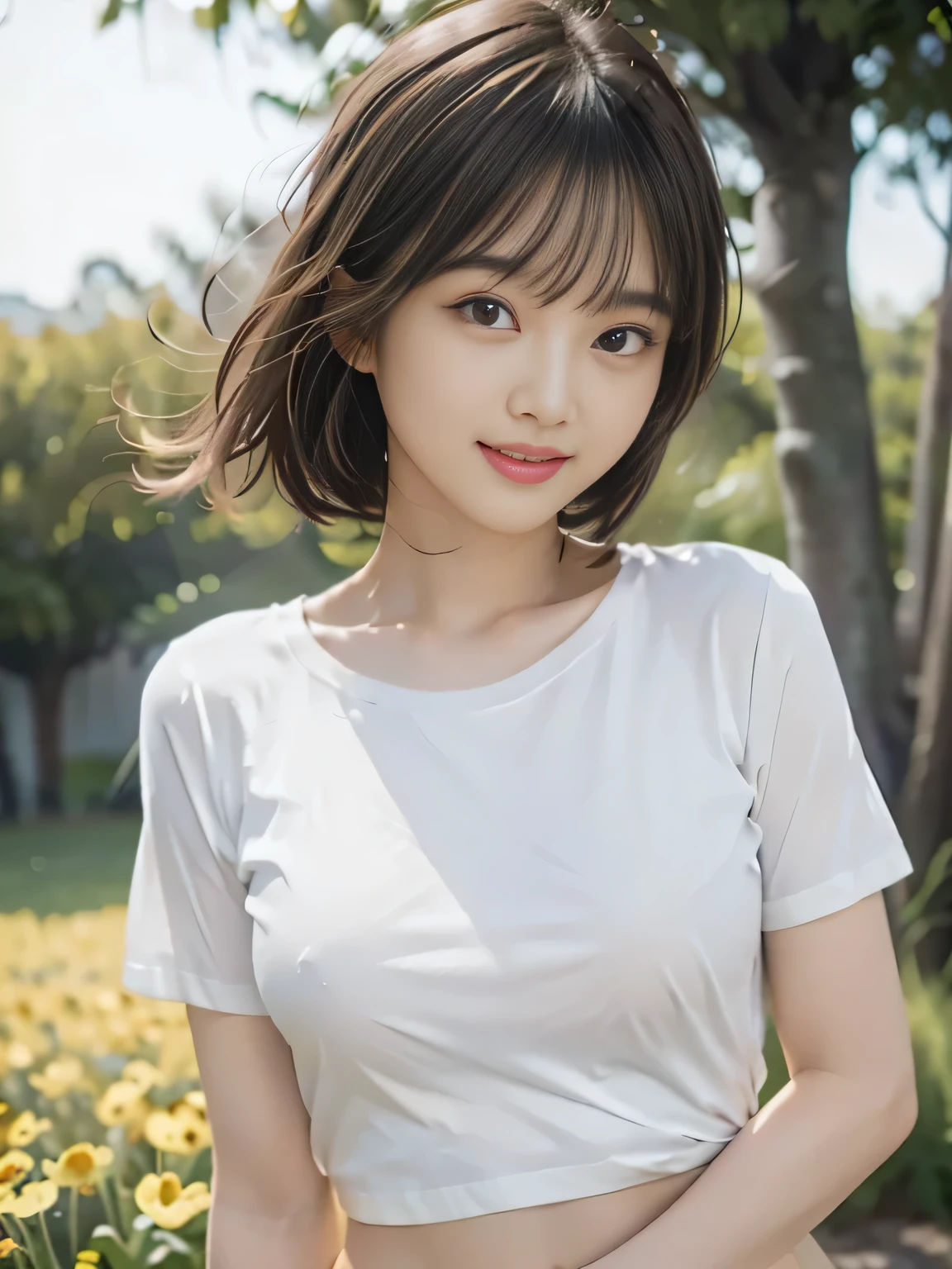 Mastepiece, Best Quality, (Highest quality、8k、masterpiece:1.3)、Ultra-high resolution、Physically Based Rendering、(Photorealistic:1.37)、Beautiful woman with perfect body:1.4、Slim abdomen:1.2、Highly detailed face and skin texture、 Red Cheeks、White skin、Narrow waist,Thin legs、Highest quality,Very beautiful woman, (cute:1.2),Perfect Glowing Skin、((Flower Field))、((Full nudity))、smile、(((Lower body nude)))、(((A white T-shirt flipped over by the wind)))、((The genitals are visible))、((White socks))