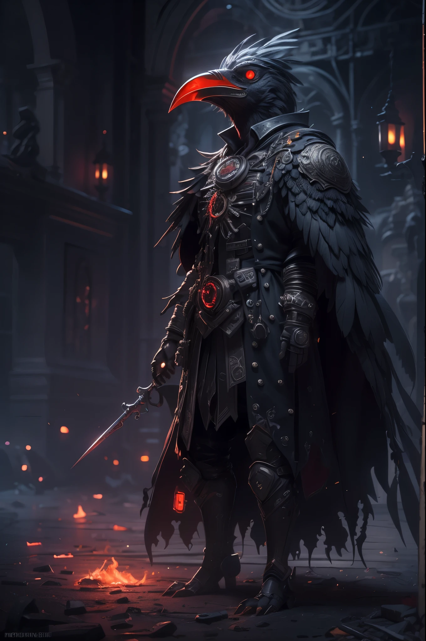 A cyborg plague doctor, raven-themed design, devilcore art style, best quality, 4k, 8k, highres, masterpiece, ultra-detailed, realistic, photorealistic, photo-realistic, HDR, UHD, studio lighting, ultra-fine painting, sharp focus, physically-based rendering, extreme detail description, professional, vivid colors, bokeh, dark moody lighting, gothic horror, dark fantasy, intricate details, mechanical parts, feathers, glowing eyes, ominous atmosphere, dramatic lighting, black and red color palette