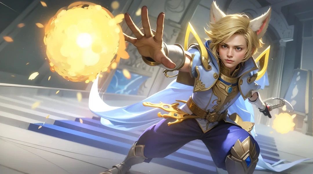 The image features an animated character with blonde hair, wearing a blue and gold armor set, and wielding a sword.