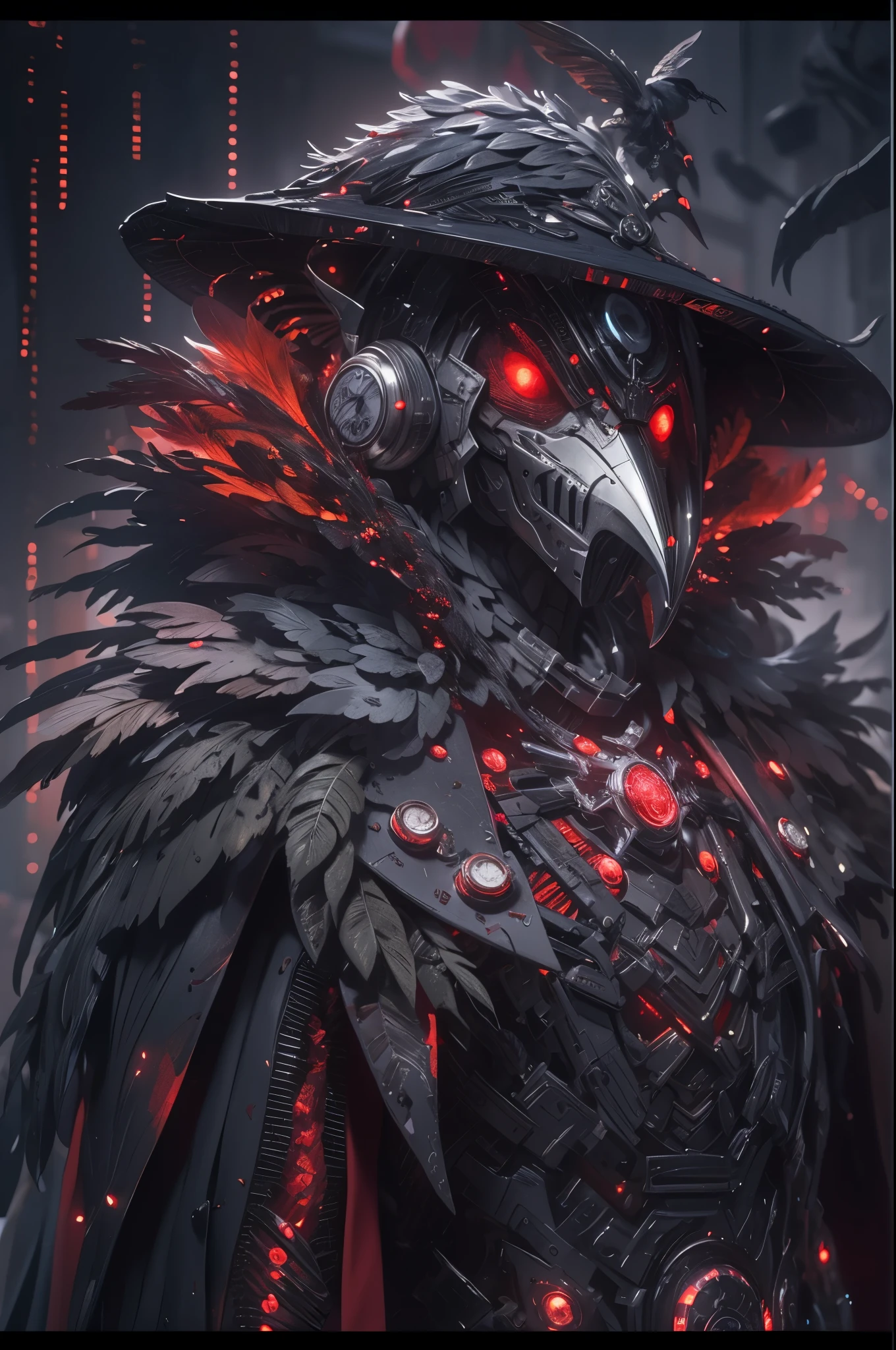 A cyborg plague doctor, raven-themed design, devilcore art style, best quality, 4k, 8k, highres, masterpiece, ultra-detailed, realistic, photorealistic, photo-realistic, HDR, UHD, studio lighting, ultra-fine painting, sharp focus, physically-based rendering, extreme detail description, professional, vivid colors, bokeh, dark moody lighting, gothic horror, dark fantasy, intricate details, mechanical parts, feathers, glowing eyes, ominous atmosphere, dramatic lighting, black and red color palette