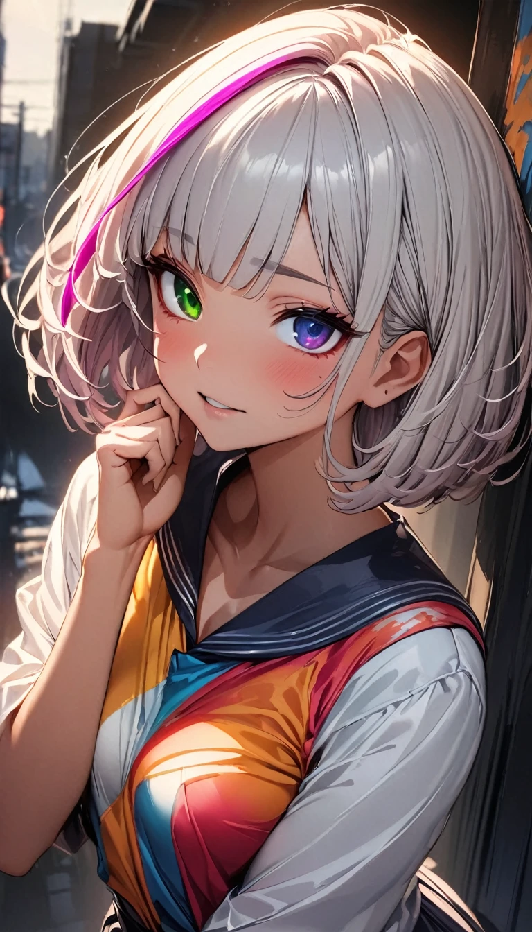 (highest quality:1.2, Very detailed, up to date, Vibrant, Ultra-high resolution, High Contrast, masterpiece:1.2, highest quality, Best aesthetics), Portraiture、girl、20-years-old, slim, , heterrochromia, green eye, red eye, Bright colors、Beautiful fine details、Beautiful lip detail、extra short hair, ((bob cut:1.5))、pink and purple ((streaked hair:1.9)), (highlights hair: 1.6), ((small breast:1.3), (tan skin:0.7), takinga bath、surprised eye、embarrassed, Resolute expression、Avid Fan、looking viewer, cover both chests with hand, cowboy shot