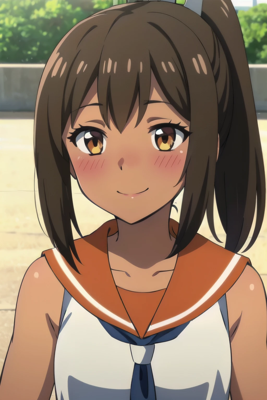 One Girl, alone, whole body, blush, smile, I401KC, Brown Hair, Short ponytail, White shirt, Sleeveless, headgear, School Swimsuit, Sunburn, Sunburnlines, dark skin, Sailor shirt, Orange sailor collar, 