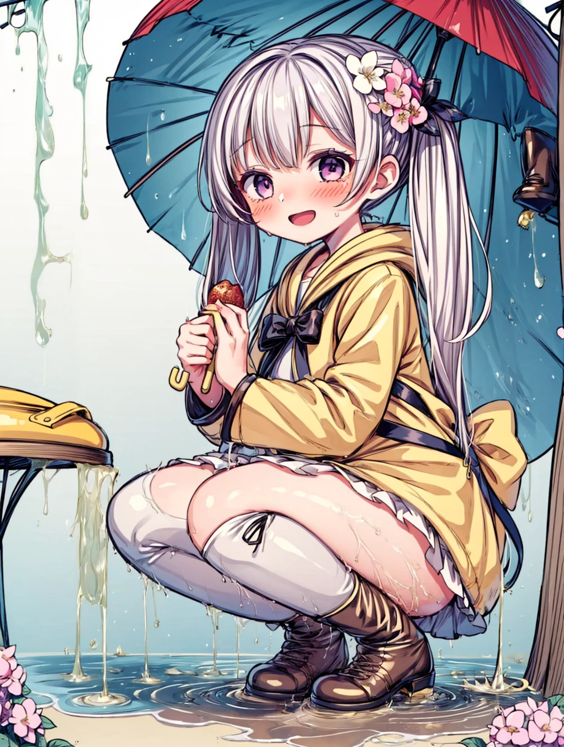 One Girl,rainbow,raincoat,yellow raincoat,rubber Knee-high boots,Hydrangea,flower,Long Hair,Twin tails,Knee-high boots,blush,umbrella,Open your mouth,hair ornaments,Food,alone,Terboz,very Long Hair,Food up,Long sleeve,Low Ponytail,bow,bangs,smile,animal Food,closed umbrella,puddle,Cowboy Shot、squat,:d,Yellow footwear, background,pink flower,Are standing,leaf umbrella,Holding umbrella,food-themed hair ornaments,hair bow,animal ears,Holding,bionde,hair flower,rain,animal,Gray Hair、Light purple eyes、Bob Hair、Laughter、Purple Raincoat、(((((heavy,Girl who pees in front of her)))),((Girl peeing forward、A girl urinating vigorously in front of her、Girl urinating a lot in front)), NSFW,Golden liquid dripping down my legs)