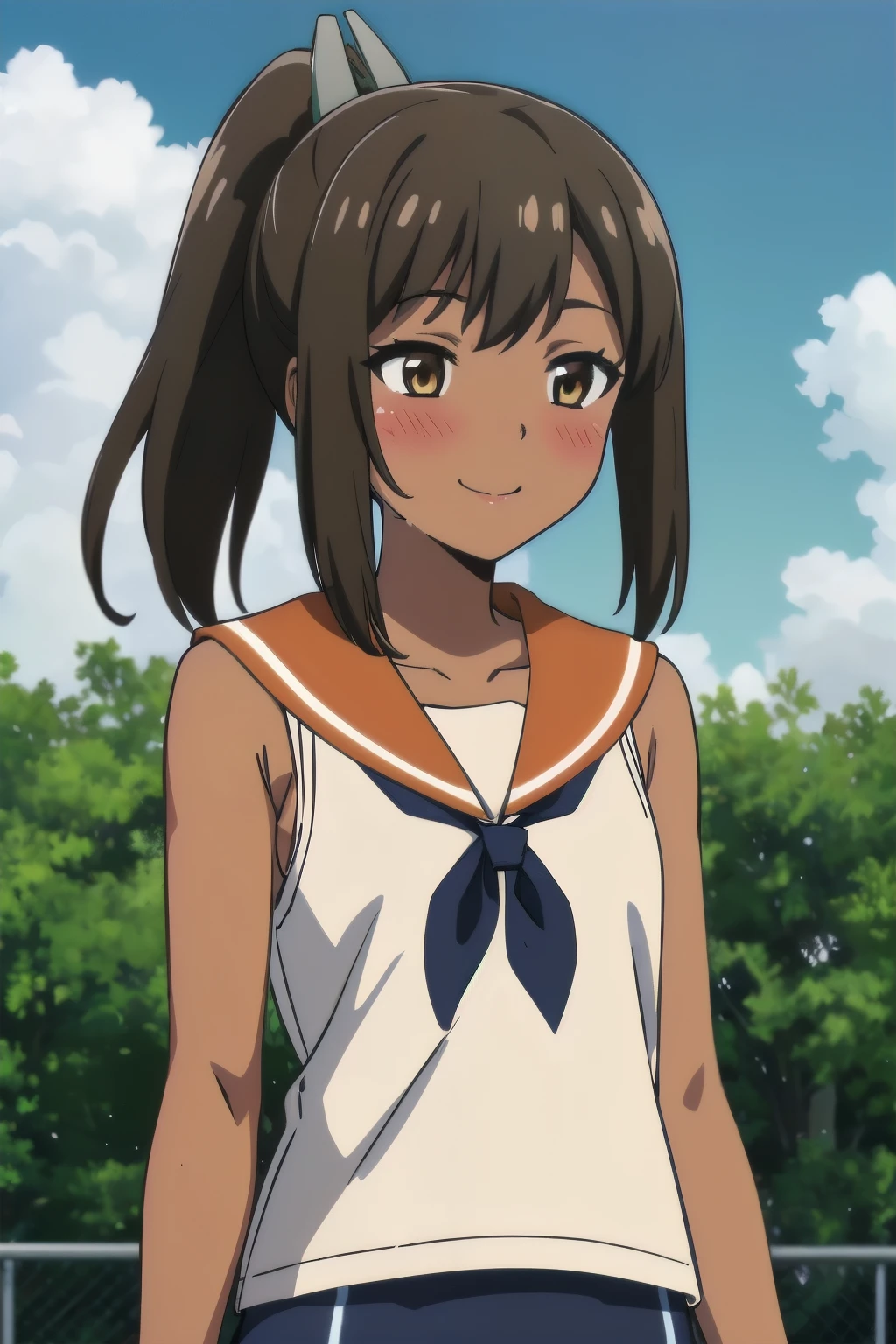 One Girl, alone, whole body, blush, smile, I401KC, Brown Hair, Short ponytail, White shirt, Sleeveless, headgear, School Swimsuit, Sunburn, Sunburnlines, dark skin, Sailor shirt, Orange sailor collar,