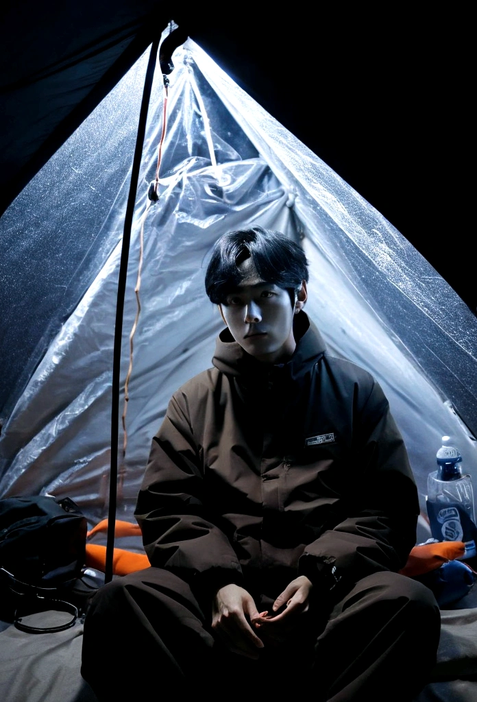Draw a Korean man sitting in a tent on a dark night