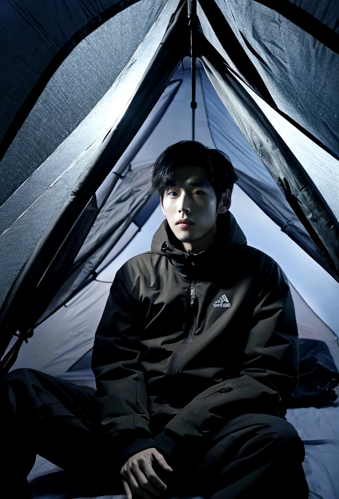 Draw a Korean man sitting in a tent on a dark night