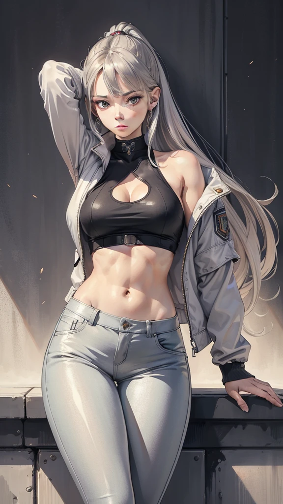 Best quality, Masterpiece, Portrait, Perfect anatomy, Flawless, 1womanl, Solo, Sexy, Stylish, mature, Silver pants, croptop, Jacket, Long hair, Feminine, Cool, queen, Correct female anatomy,