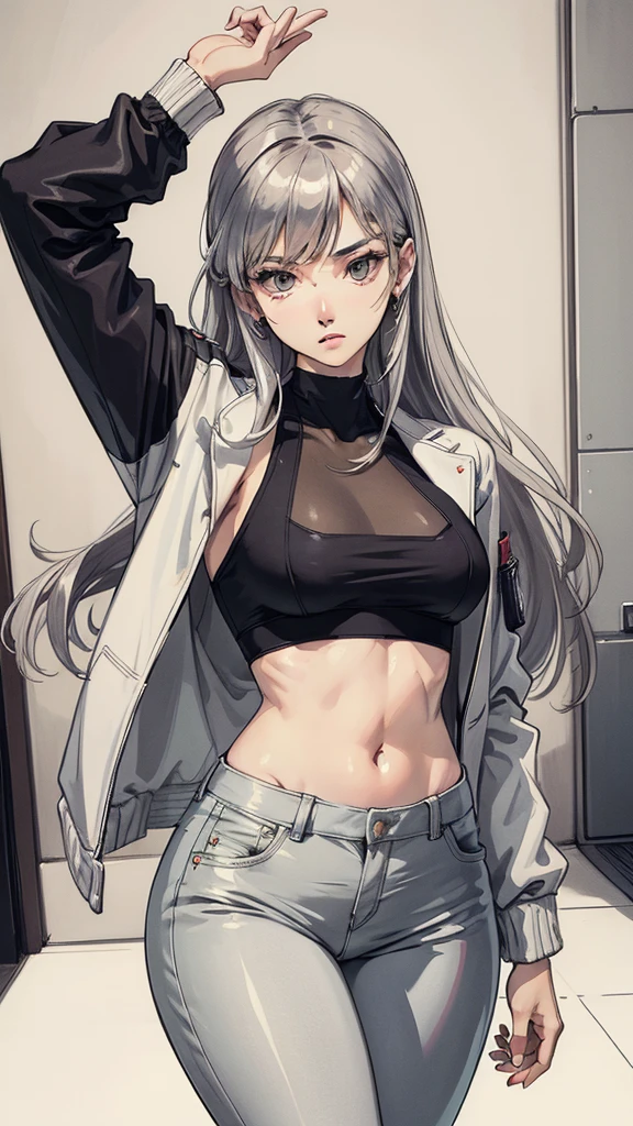 Best quality, Masterpiece, Portrait, Perfect anatomy, Flawless, 1womanl, Solo, Sexy, Stylish, mature, Silver pants, croptop, Jacket, Long hair, Feminine, Cool, queen, Correct female anatomy,