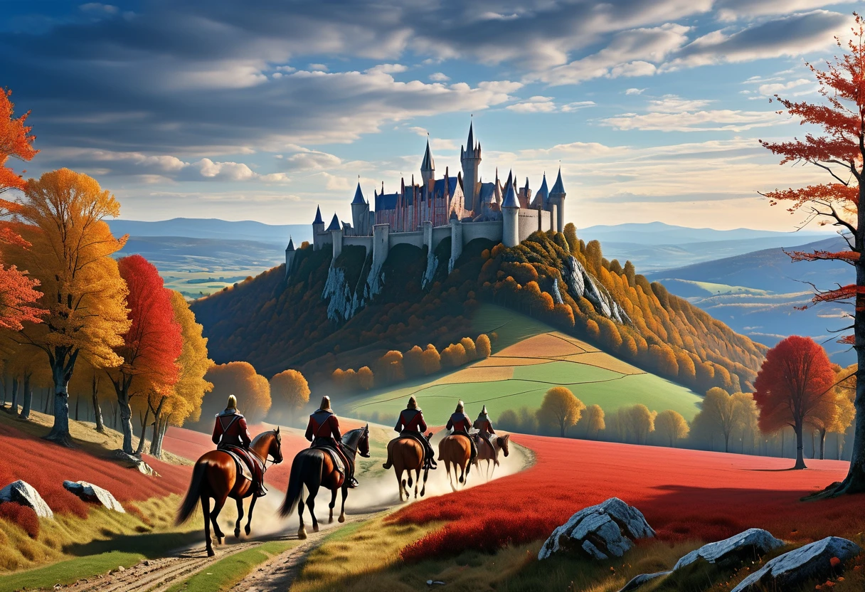 landscape from Middle-earth, in the distance there are ruined castles, elves and people on horseback, a bloody battle, on the horizon the grandfather's mountains and gray forests, the sky in burgundy blue soft stripes, Epic Composition, Yuri Vasnetsov
