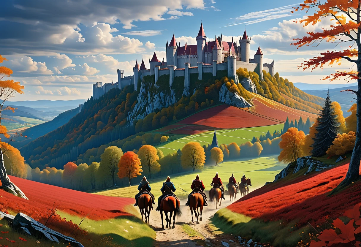 landscape from Middle-earth, in the distance there are ruined castles, elves and people on horseback, a bloody battle, on the horizon the grandfather's mountains and gray forests, the sky in burgundy blue soft stripes, Epic Composition, Yuri Vasnetsov