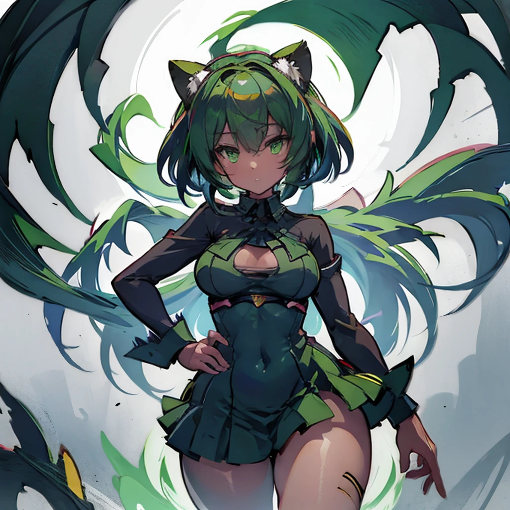 Create an ultra-detailed, best quality, high-resolution masterpiece depicting an umbral elemental with an  anime girl figure seeping with green energy perfect shadows, high quality shading, photorealistic, Fukua, dark skin, Fukua- Skullgirls