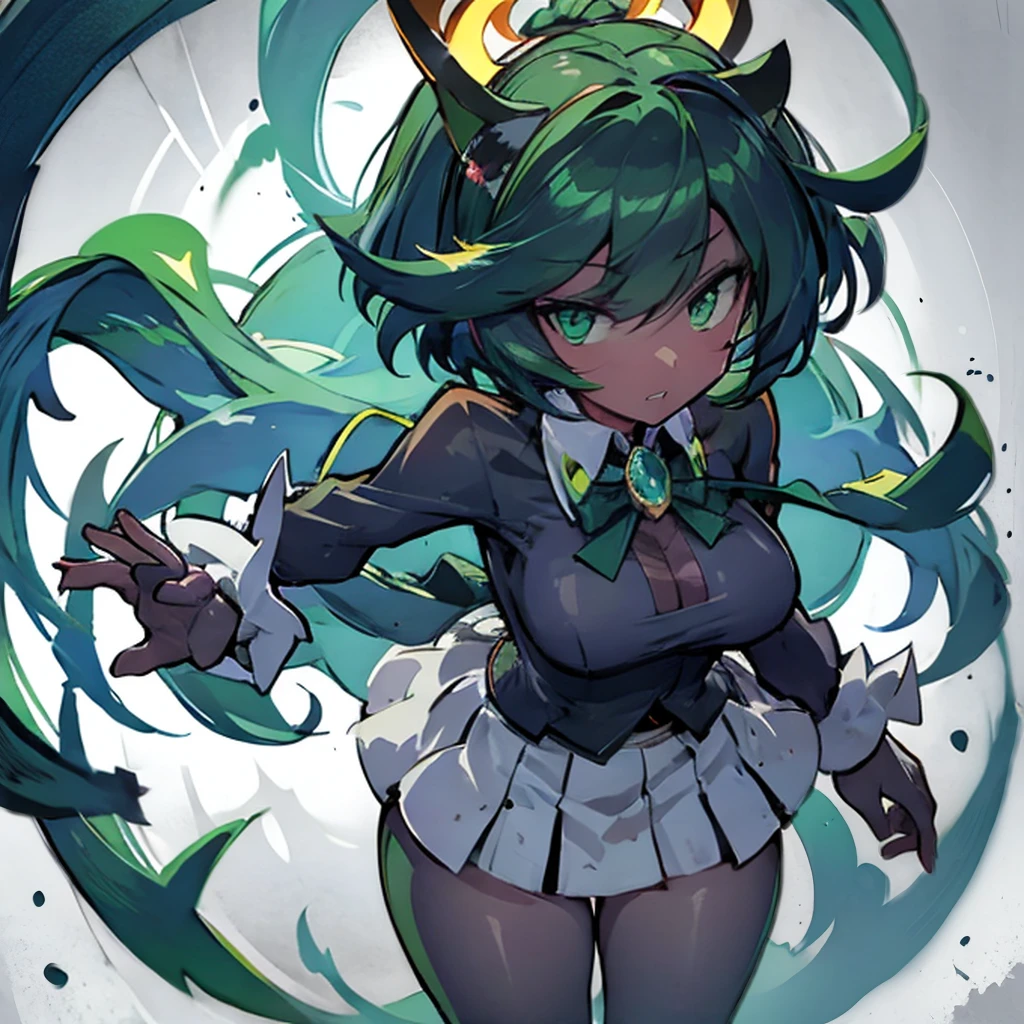 Create an ultra-detailed, best quality, high-resolution masterpiece depicting an umbral elemental with an anime girl figure seeping with green energy perfect shadows, high quality shading, photorealistic, Fukua, dark skin, Fukua- Skullgirls