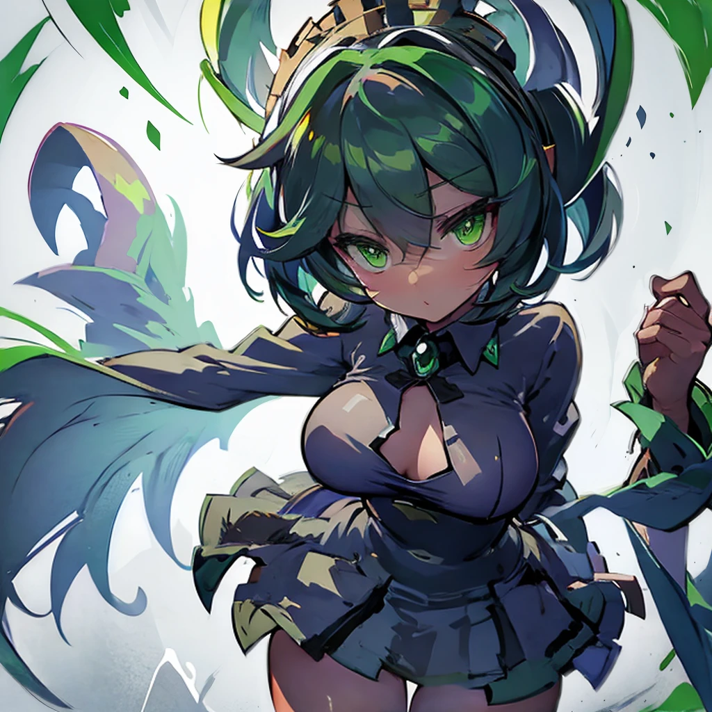 Create an ultra-detailed, best quality, high-resolution masterpiece depicting an umbral elemental with an  anime girl figure seeping with green energy perfect shadows, high quality shading, photorealistic, Fukua, dark skin, Fukua- Skullgirls