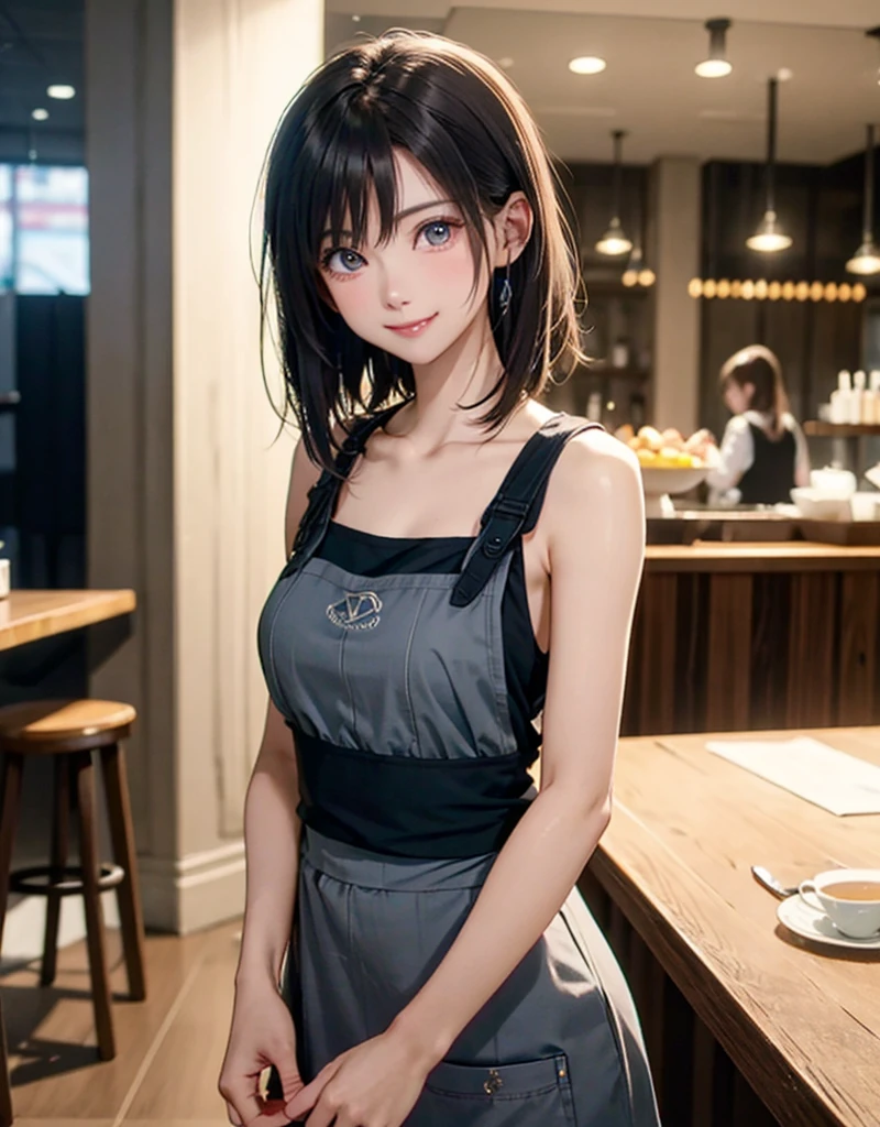 top-quality、8K Masterpiece、超A high resolution、(Photorealsitic:1.3)、Raw photo、女の子1人、Short bob hair、glowy skin、Cafe Clerk、Stylish、Cute apron、((super realistic details))、portlate、globalillumination、octan render、in 8K、ultrasharp、highly intricate detail、Realistic light、CGSoation Trends、beautidful eyes、radiant eyes、Facing the camera、Spiteful smile