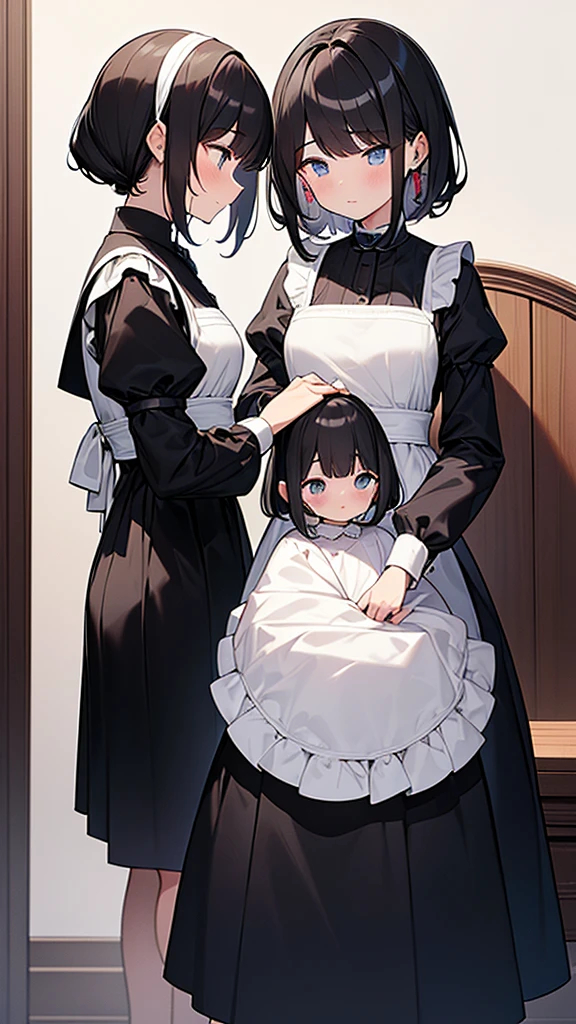 ((masterpiece)), (Highest quality、32k), (Simple style), (Faceless,Face peeling), 2 Girls, A faceless young lady and her maid with a young lady&#39;s face, Big Breasts, Big Swing Chest, Wearing a face stolen from someone else, Sexy body, Sleeveless, No sleeve, Off the shoulder, Black Dress, Pleated lace, Lace dress, black knee socks. Standing, whole body, both hands touch the face, Luxurious Room, {{A young lady who used her face-peeling ability to peel off the face of a young lady, leaving her face blank, and a maid who transplanted the peeled face onto her own face.}}, Browsing Caution, NSFW