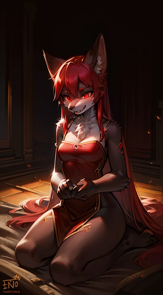 a black and red wolf female,furry with gold markings,long red hair,fangs,revealing dress,red eyes,attractive,seductive look,anthro,kneeling on forest floor looking up, covered in , best quality,4k,8k,highres,masterpiece:1.2,ultra-detailed,realistic,photorealistic,photo-realistic:1.37,HDR,UHD,studio lighting,ultra-fine painting,sharp focus,physically-based rendering,extreme detail description,professional,vivid colors,bokeh,digital painting,concept art