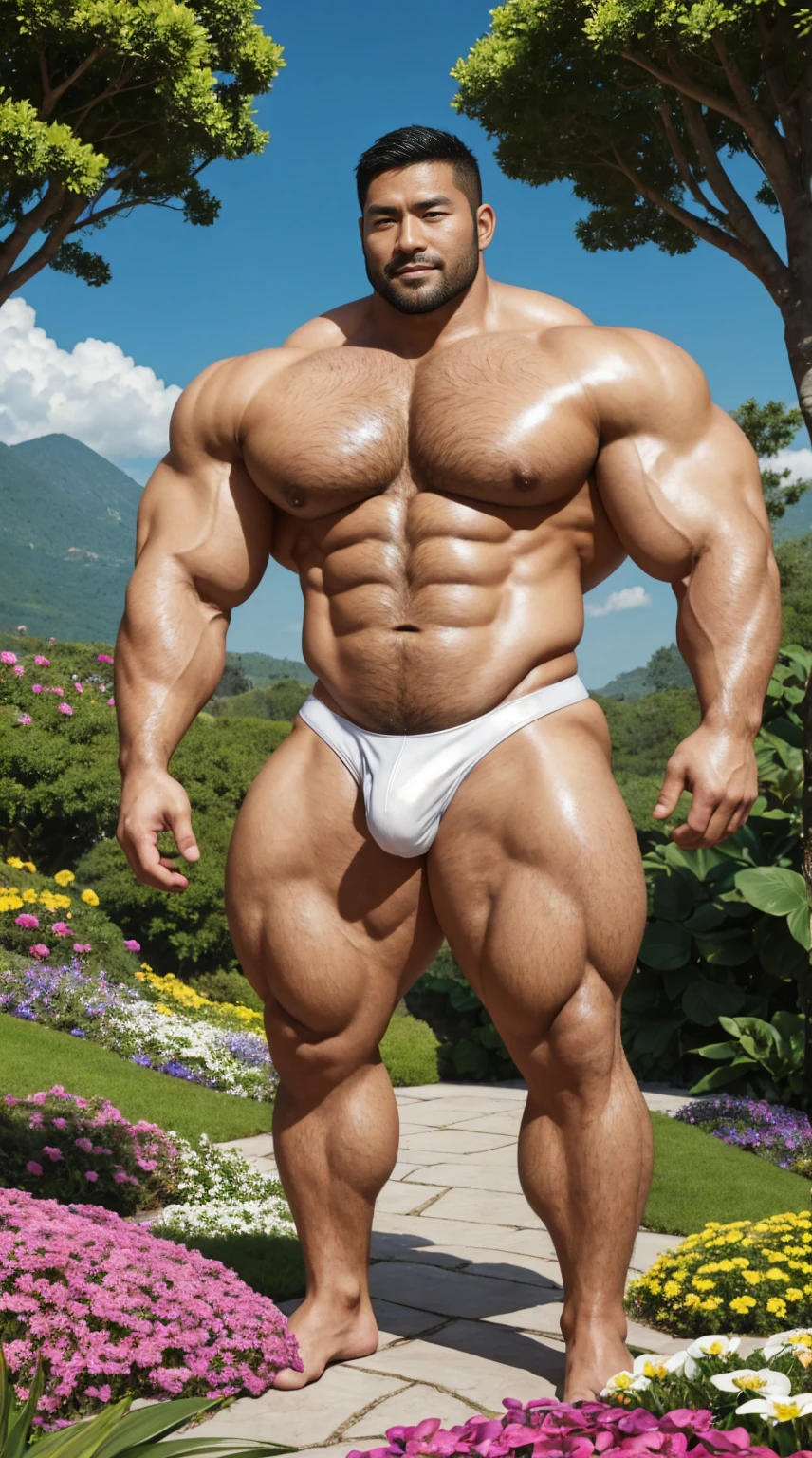 There is only one handsome Asian actor in the photo,35 years old,High target, Fitness,short hair, O-Shaped Beard,Perfect body, Dark skin color,Radiant Skin,Smooth skin,Shiny, shiny skin,Smooth pectoral muscles,No chest hair,No body hair,Muscle bulge, muscular, Very large pectoral muscles,Very sexy abdominal muscles,Very well-developed leg muscles,Huge concave and convex area,Brightens oily skin,Wearing a white leather thong,Handsome face,Normal human toes,Correct and accurate male body proportions,,Standing in the fantasy flowers, charming dream scene, Lots of flowers in the background,Create a mysterious and charming feeling。