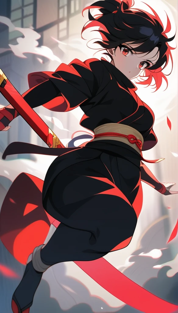 mixed_artstyle, 1 girl, Alone, hands, Asian,  short black hair with red highlights, red eyes, High quality images, curves visible, cinematic, wallpaper style, view from below, Ninja outfit, Oni mask, black colors with red details, red sword, jumping pose, effects, 
