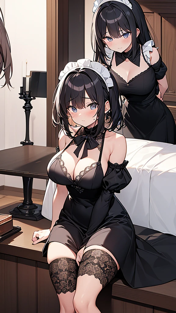 ((masterpiece)), (Highest quality、32k), (Simple style), (Faceless,Face peeling), 2 Girls, The maid and the lady whose face was torn off, , Big Swing , Wearing a face stolen from someone else,  body, Sleeveless, No sleeve, Off the shoulder, Black Dress, Pleated lace, Lace dress, black knee socks. Standing, whole body, both hands touch the face, Luxurious Room, {{The maid who can steal someone's face by putting a mask on them took the young lady's face as a mask, The young lady is faceless}}, Browsing Caution, 