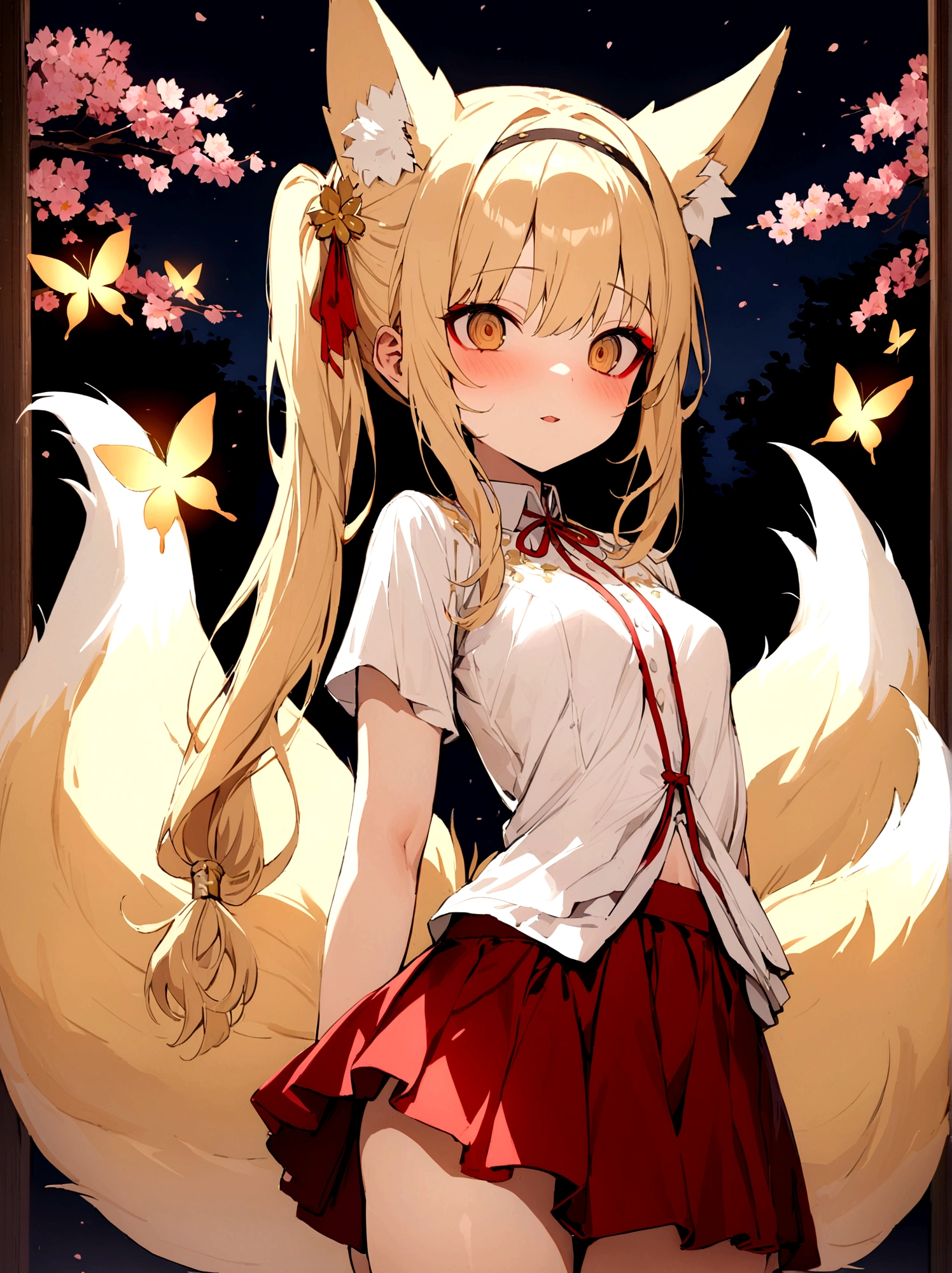 (masterpiece, best quality) junior,detailed, (beautiful,small breasts), blonde,long hair, side ponytail(tied to the left),Hair band decoration with gold butterfly, elegant, (fox ears),nine tailed fox tail, red eyeshadow, golden eyes, femur,white shirt,free,red skirt,cherry blossom tree lake background,girl,NIGHT,yandere face