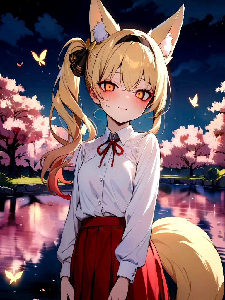 (masterpiece, best quality) junior,detailed, (beautiful,small breasts), blonde,long hair, side ponytail(tied to the left),Hair band decoration with gold butterfly, elegant, (fox ears),nine tailed fox tail, red eyeshadow, golden eyes, femur,white shirt,free,red skirt,cherry blossom tree lake background,girl,NIGHT,yandere face
