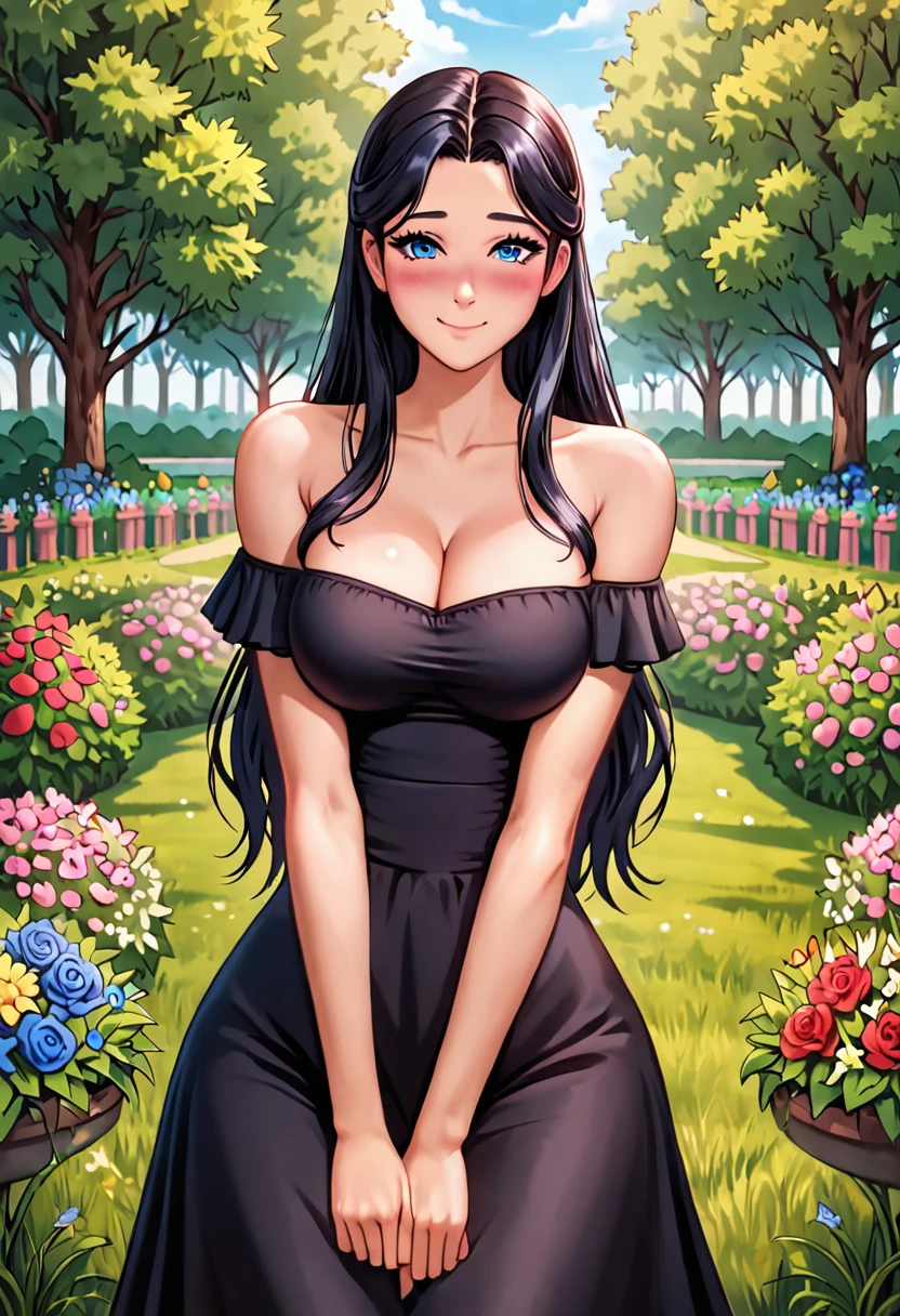 Anime style, 1girl, young busty female, ((black color hair, long straight hair)), blue eyes, double eyelids, light effect on the eyes, wide hips, black off-the-shoulder skirt dress , stylish, beautiful smile, shy, blush on cheeks, ((sexy body)), solo, best quality, masterpiece, portrait, flirting with viewer, sensual pose, detailed, perfect anatomy, detailed art, high definition, 4k , high resolution, garden, grass,