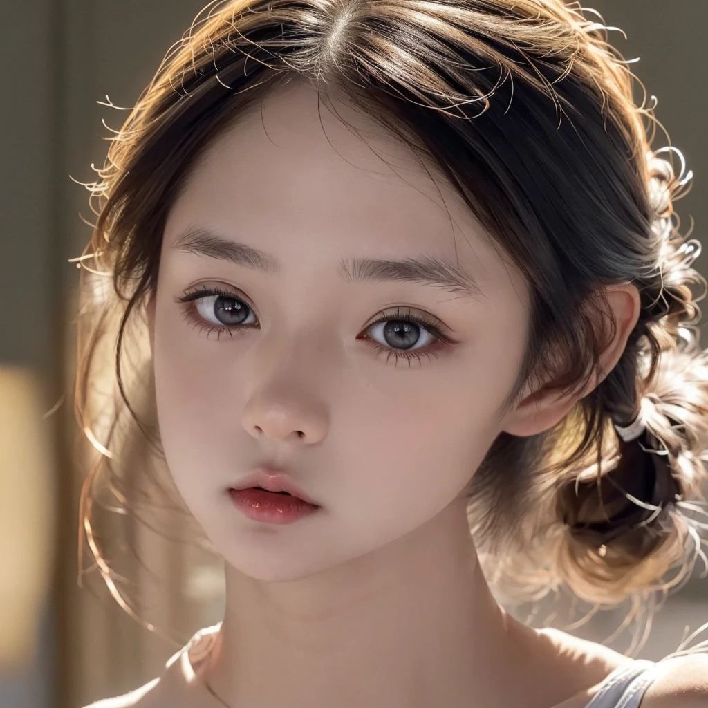 One Girl,(1人のとてもcute女の子:1.3),masterpiece,Highest quality,High resolution,From below,Low - Angle,Photorealistic,RAW Photos,Ray Tracing,beautiful girl,(15 years old:1.3),cute,Big eyes,(detailed pupils:1.2),(The face is facing straight ahead:1.3),Body facing forward,Beautiful nose,High nose,Upturned nose,Fuller lips,Short black hair,ponytail,short hair,Detailed eyelashes,Thin eyebrows,Very fine grain definition,(Symmetrical eyes,Golden Ratio:1.3),(Face close-up,Face Focus:1.0),Small breasts,Short neck,White swimsuit,White Bikini,The background is the sea,Southern Island,sunset,Sunset,Portrait,View Viewer,Upper Body,Cinema Lighting,High resolution,Very detailed