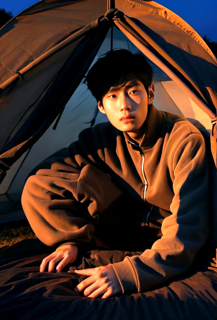 Draw a Korean man sitting in a tent on a dark night