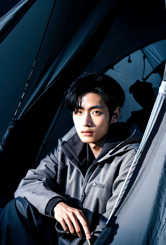 Draw a Korean man sitting in a tent on a dark night