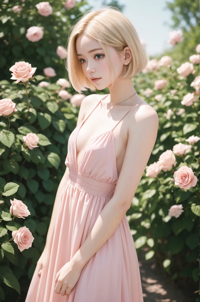 8K, CRU photo, Fujifilm, style photo of a beautiful young woman like Avril in a light pink rose garden (highly detailed skin: 1.2) Style-Petal BREAK short hair, blonde hair with colored highlights, wearing a dress, film grain, 35mm, cute style