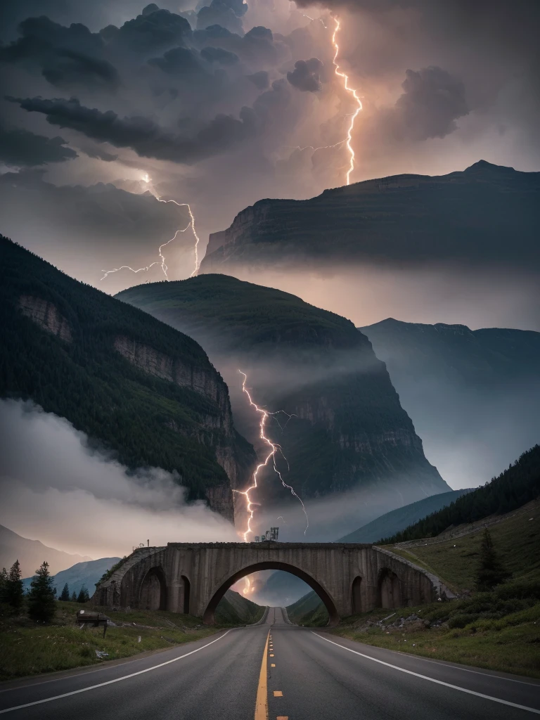 there is a road going through a tunnel with a mountain in the background, glacier national park, traveling through the mountains, by Kristin Nelson, mountain pass, paved roads, unobstructed road, accurate roads, road trip exciting, hilly road, by Mike Bierek, road between hills, by Winona Nelson, postprocessed, road trip, epic scenic shot, by Jim Nelson, amazing lightning art, natural lightning, creepy lightning, amazing lightning, dramatic lightening, lightning creating life, crackling with lightning, epic lightning, colossal lightning, scary lightning, beautiful lightning, lightning strikes, exquisite lightning, insane lightning, national geographic photo”, thunderstorm and fire, lightning strike,