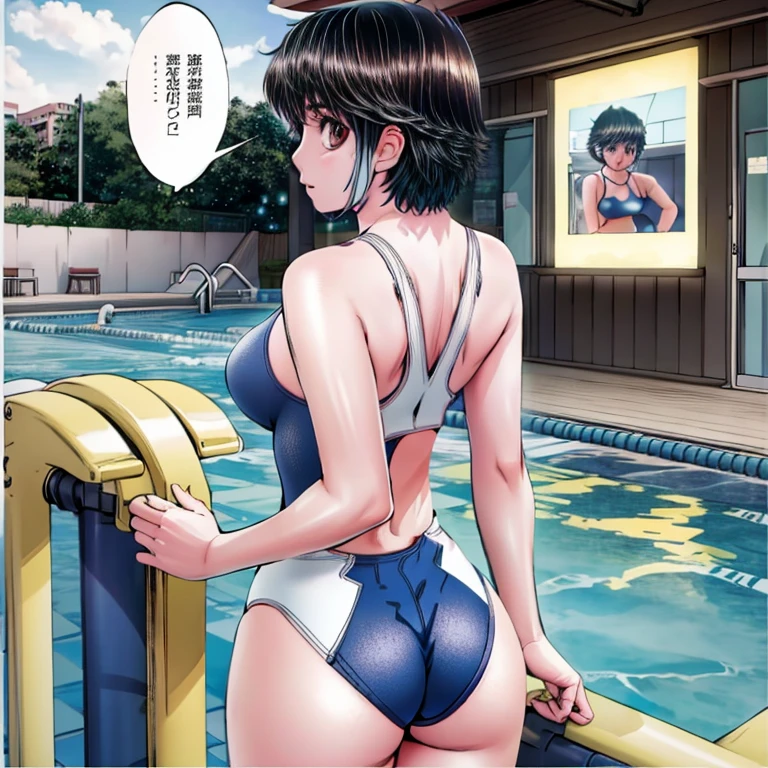 A boyish, short-haired, busty, beautiful-legged woman is standing by the pool in a competitive swimsuit.。Angle from behind。Being photographed by a middle-aged man。