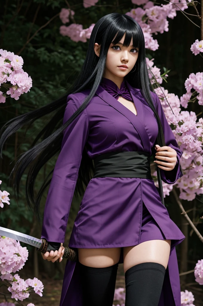 demon slayer anime girl, with green eyes, long black hair with bangs, purple suit with flowers, with a katana