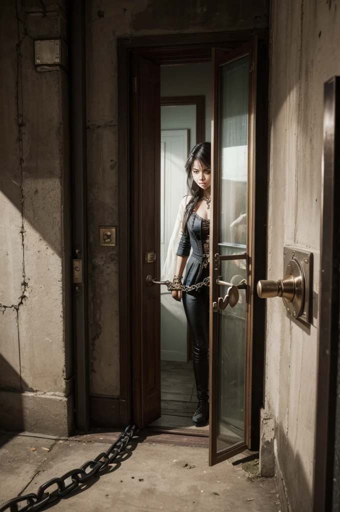 Looking through the lock of a door at a heart that is bound by chains and bleeding 
