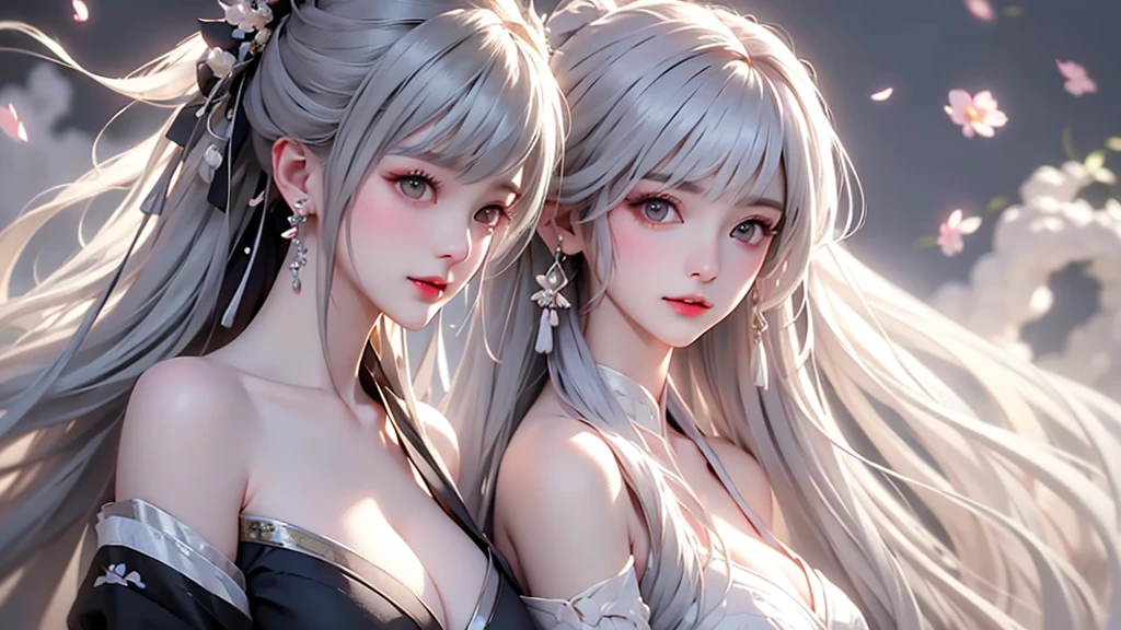 super high quality, masterpiece, Perfect illustration, Very detailed (Exquisite light and shadow, Very dramatic photo,Backlight) , ((Gray Hair:1.5))1 Girl,(( alone:1.6)), (Wearing Han clothes, Black and white Hanfu,Monotony,Long sleeve) Flower Field, Flowers, (White smoke:1.3) (Realistic:1.4), Zen Intertwining, Tangled, Official Art, unity 8k wallpaper, Very detailed, Beautiful and beautiful, masterpiece, Highest quality, (Dynamic Angle: 1.4), Glowing Skin, (Floating colorful flashes: 1) The most beautiful chaotic shapes, elegant, Brutalist Design, Bright colors, Romantic Depth of Field Exotic_dance, half_naked、Expose your shoulders、Ample breasts、Great cleavage、