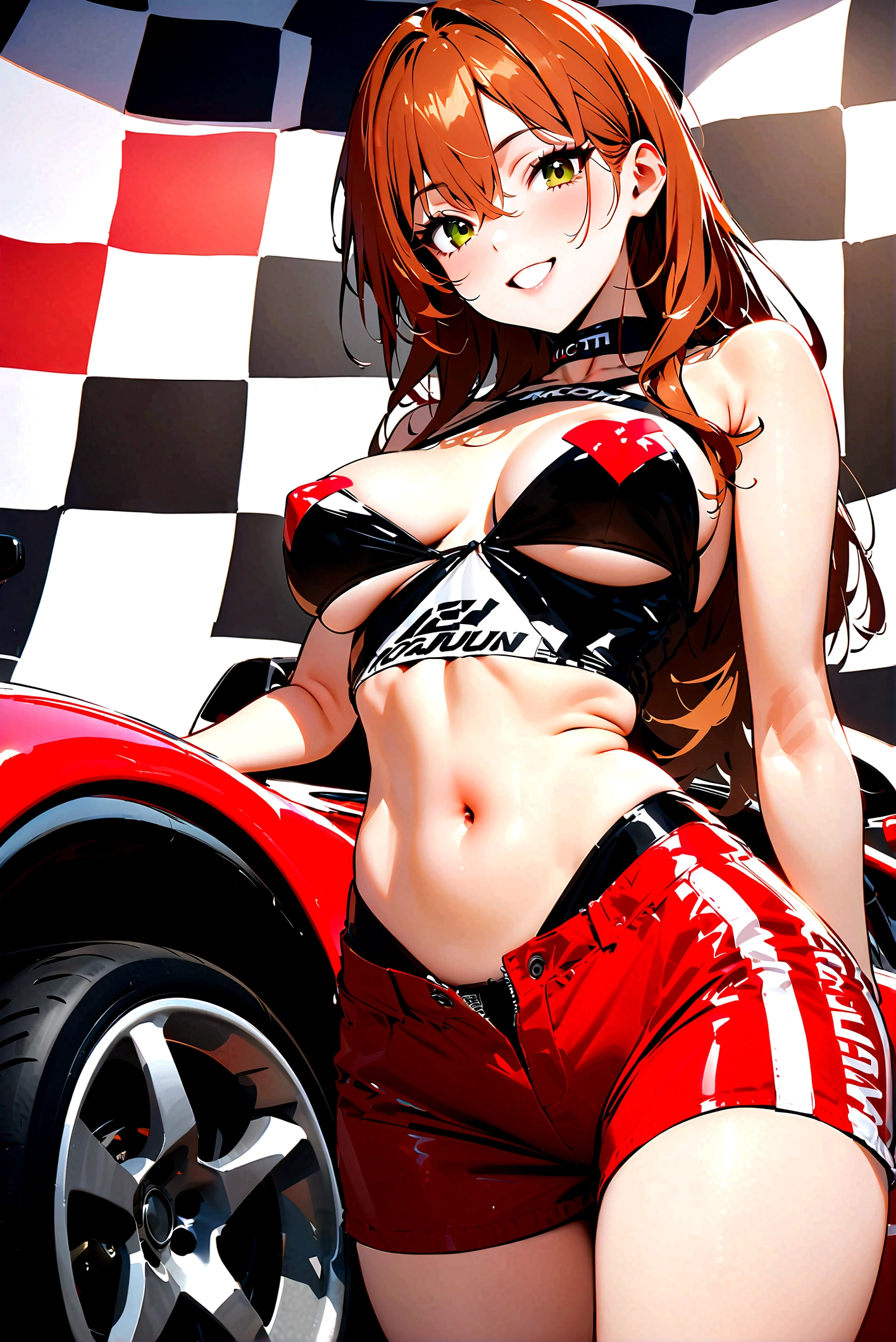 Highest quality,masterpiece,Auto racing circuit,Supermodel,Pasties,Checkered Flag,smile,Race Queen