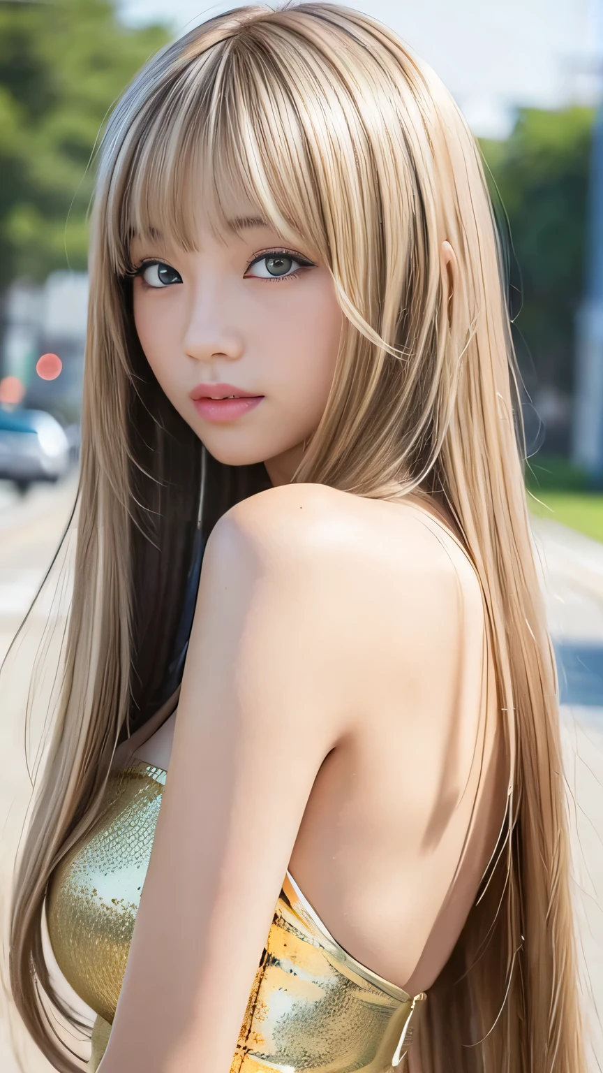 Sexy Big 、Sexy cute looks and cute beautiful girl, beautiful and sexy face、A strong wind blows my hair in front of my face、length, Metallic blonde straight hair、beautiful, Cute and sexy eyes hidden behind long bangs。